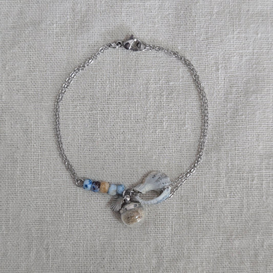 Bracelet coquillage et sable de plage - bleu