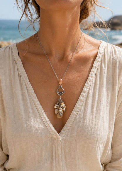 Collier pendentif grappe bohème - perle de verre eau de mer, coquillageet perles de nacre naturelle