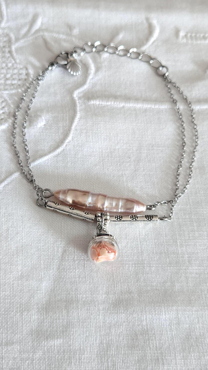 Bracelet coquillage et perle rosée