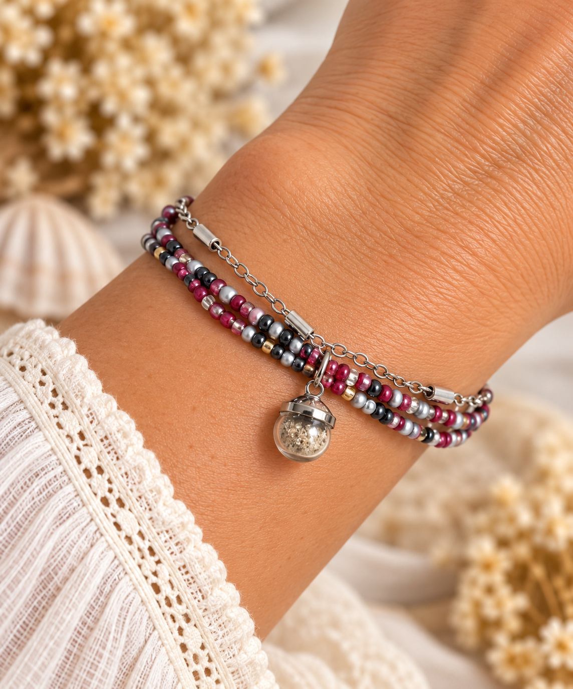 Bracelet triple rangs - sable et perles