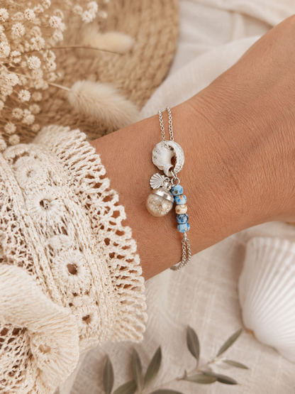 Bracelet coquillage et sable de plage - bleu