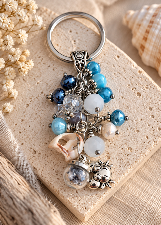 Porte-clés, bijou de sac, perles bleues et coquillage